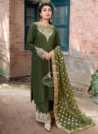 Elegant Green Silk Suit with Patch Work - 3 Pcs Set